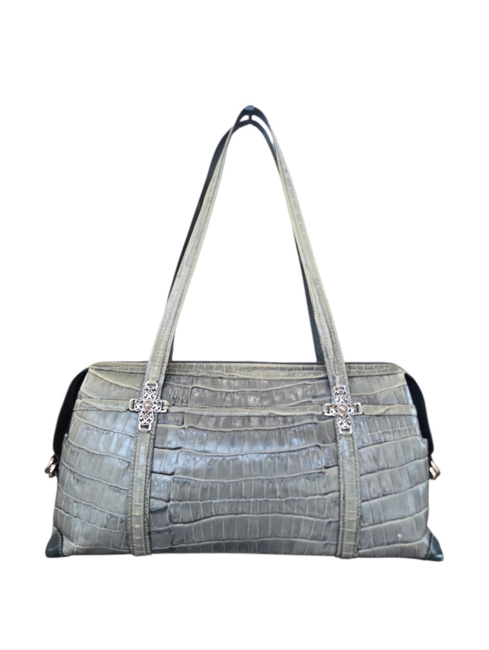 Brighton Sage Green Croc Embossed Leather Vintage Barrel Shoulder Bag
